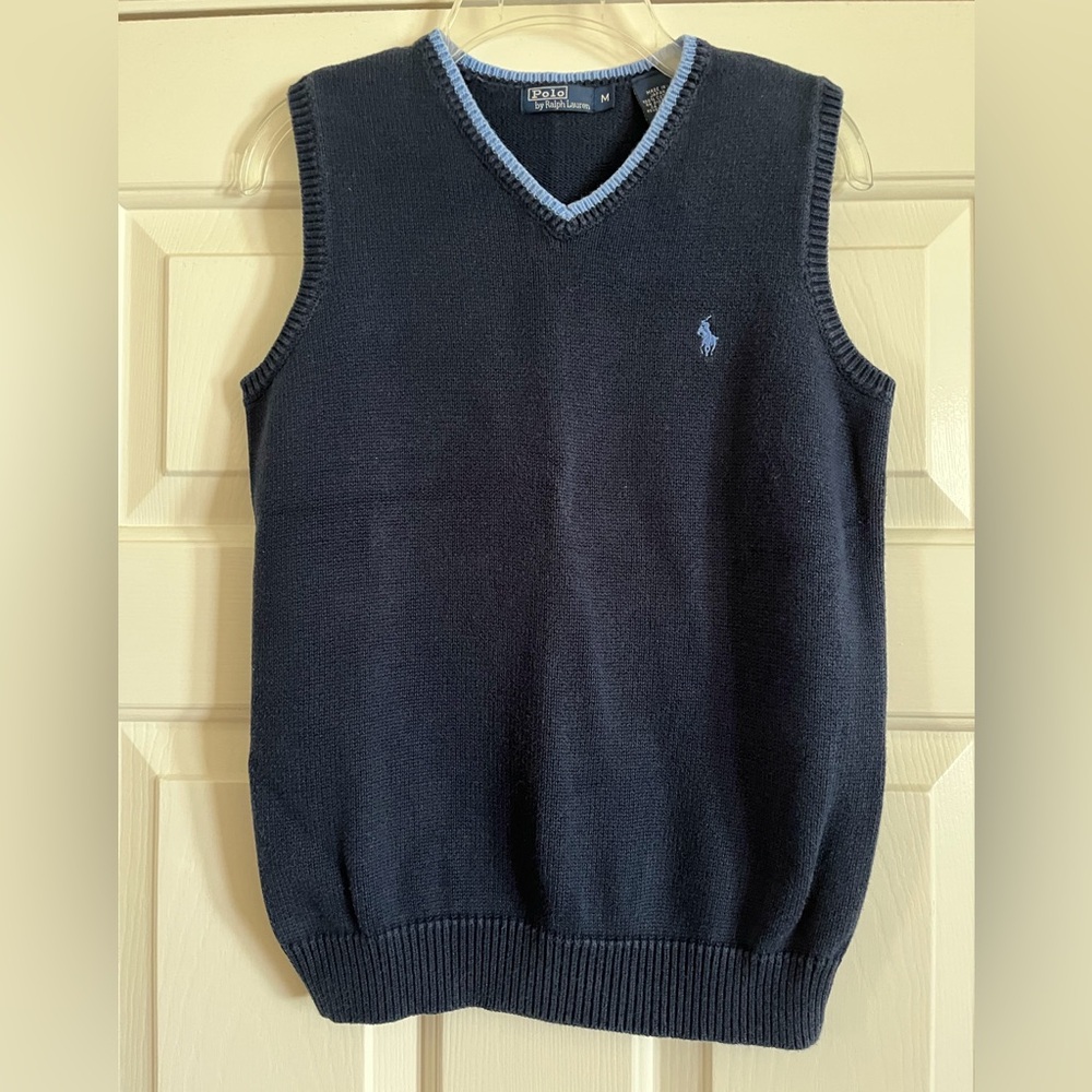 POLO RALPH LAUREN navy blue tipped sweater vest M 10 12